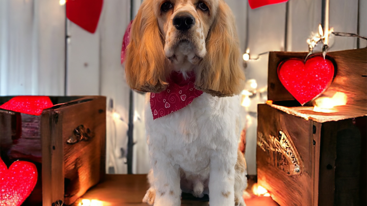 A cocker spaniel with silky ears and a heart bandana